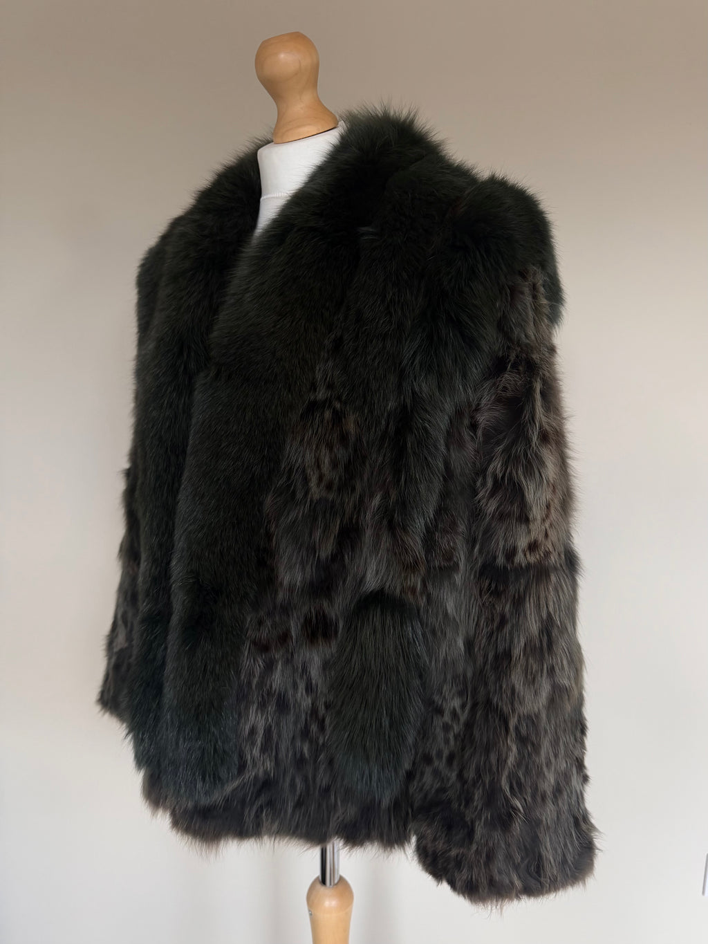 Vintage Forest Green Rabbit Fur Jacket Fox Fur Collar - M