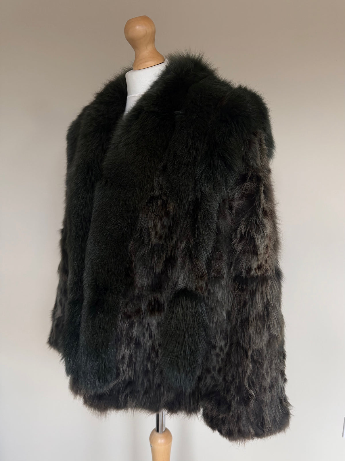 Vintage Forest Green Rabbit Fur Jacket Fox Fur Collar - M