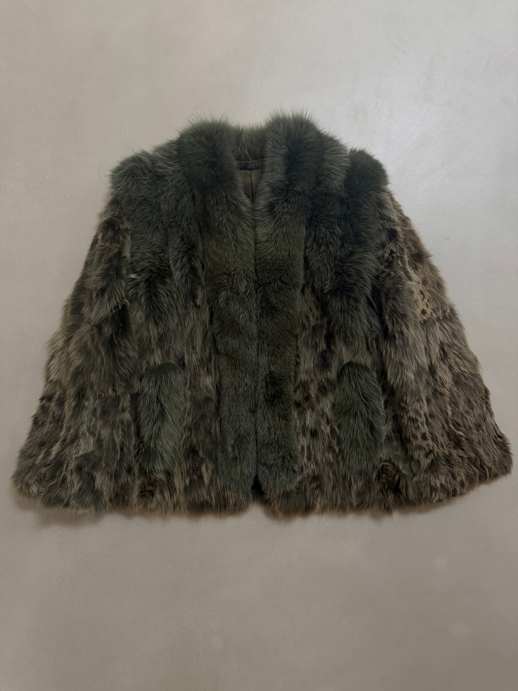 Vintage Forest Green Rabbit Fur Jacket Fox Fur Collar - M