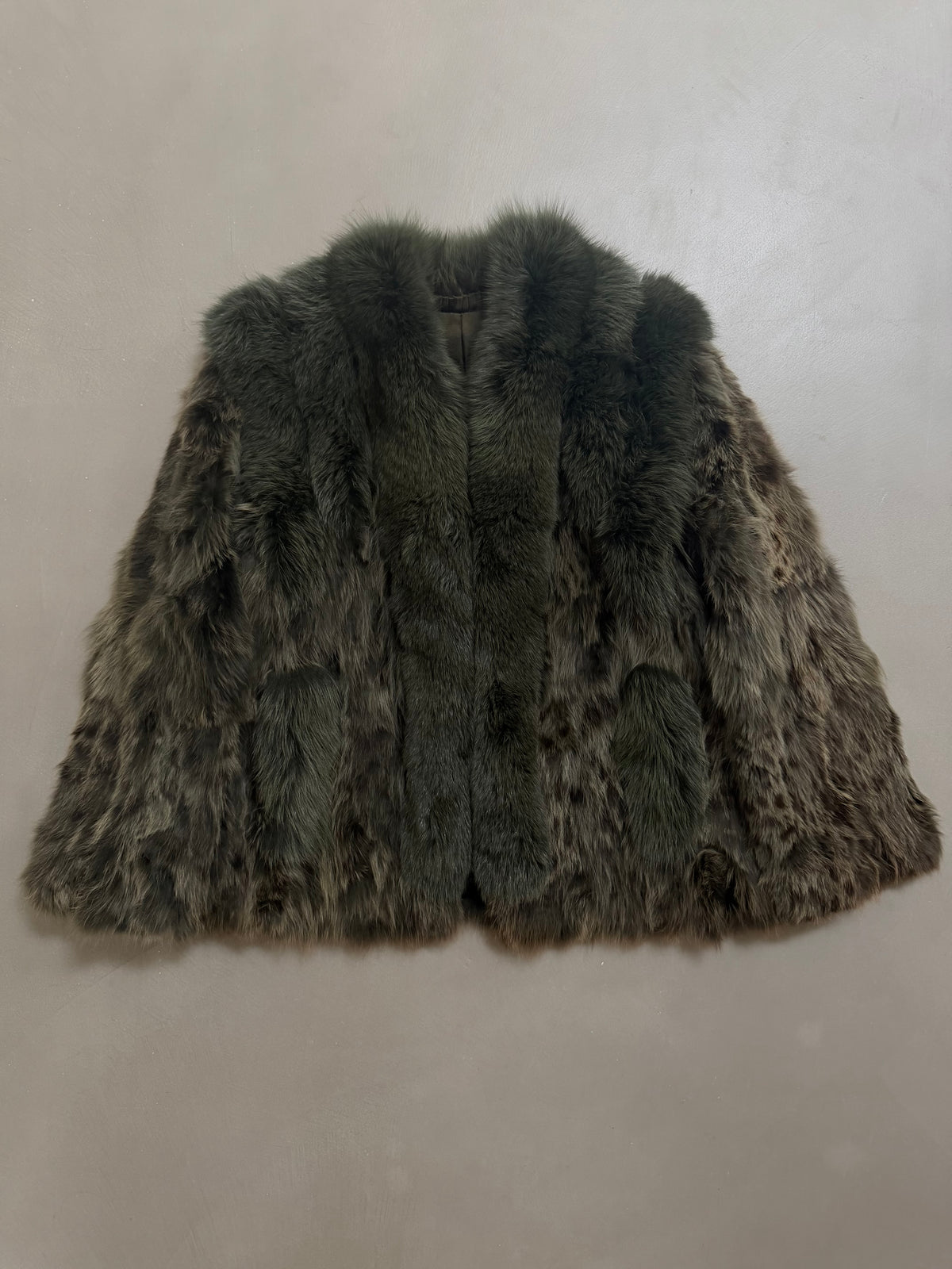 Vintage Forest Green Rabbit Fur Jacket Fox Fur Collar - M
