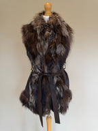 Vintage Silver Fox Fur Leather Belted Gilet - M