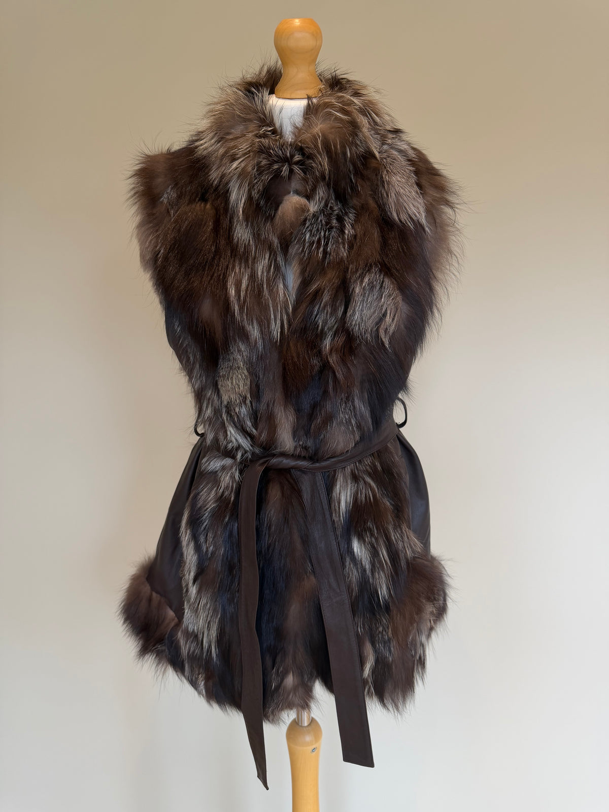 Vintage Silver Fox Fur Leather Belted Gilet - M