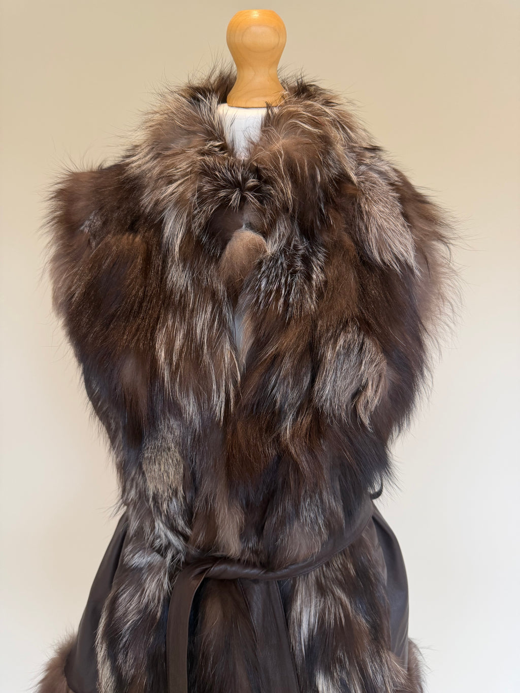 Vintage Silver Fox Fur Leather Belted Gilet - M