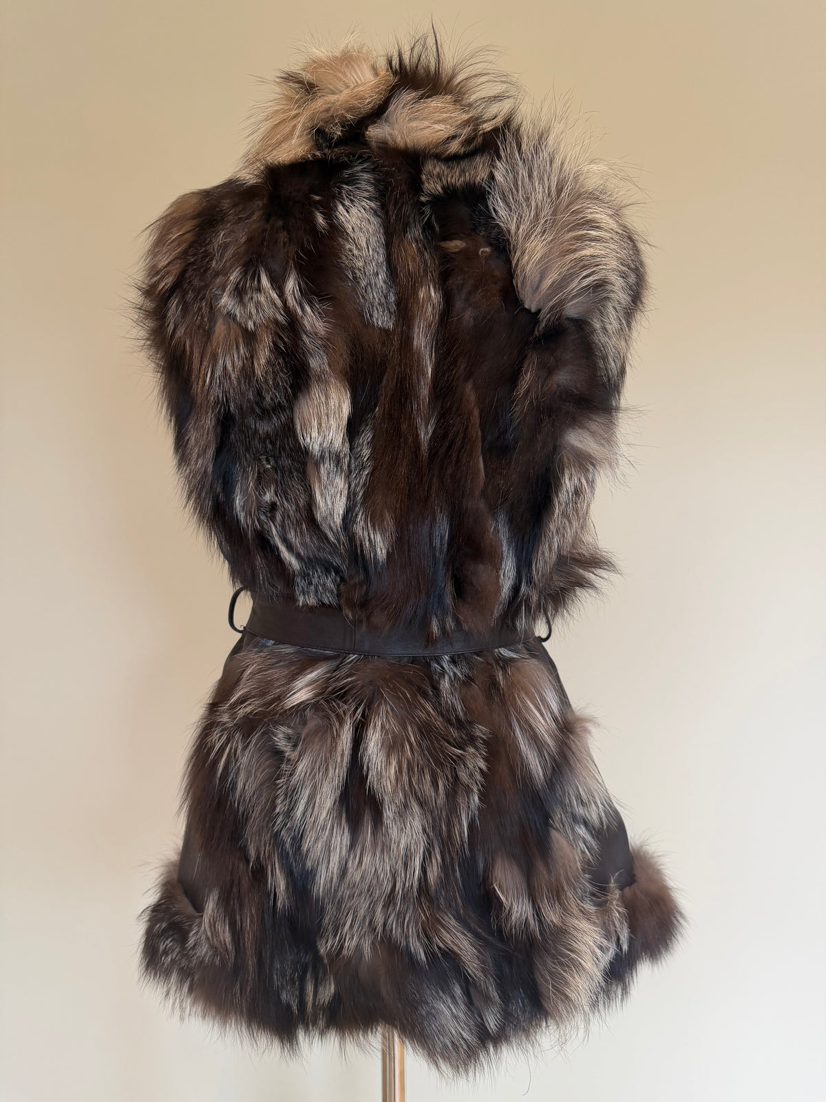 Vintage Silver Fox Fur Leather Belted Gilet - M