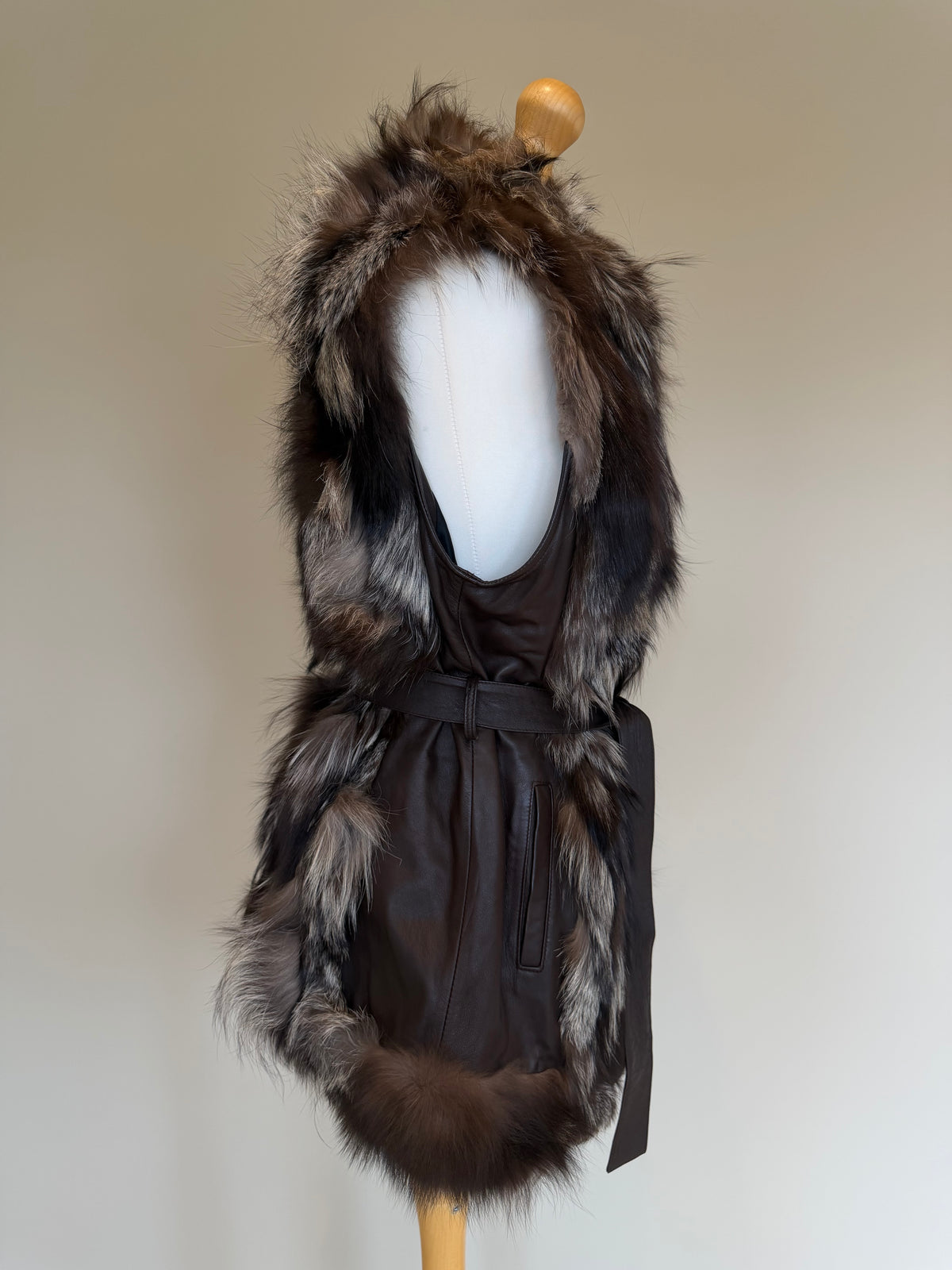 Vintage Silver Fox Fur Leather Belted Gilet - M