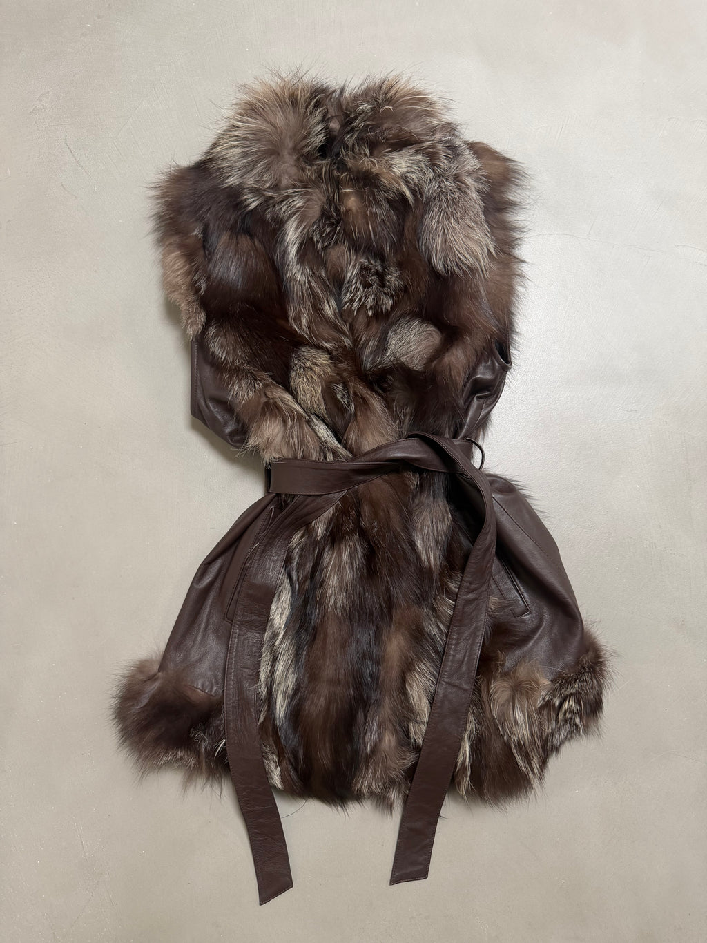 Vintage Silver Fox Fur Leather Belted Gilet - M
