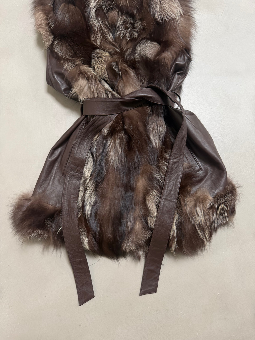 Vintage Silver Fox Fur Leather Belted Gilet - M