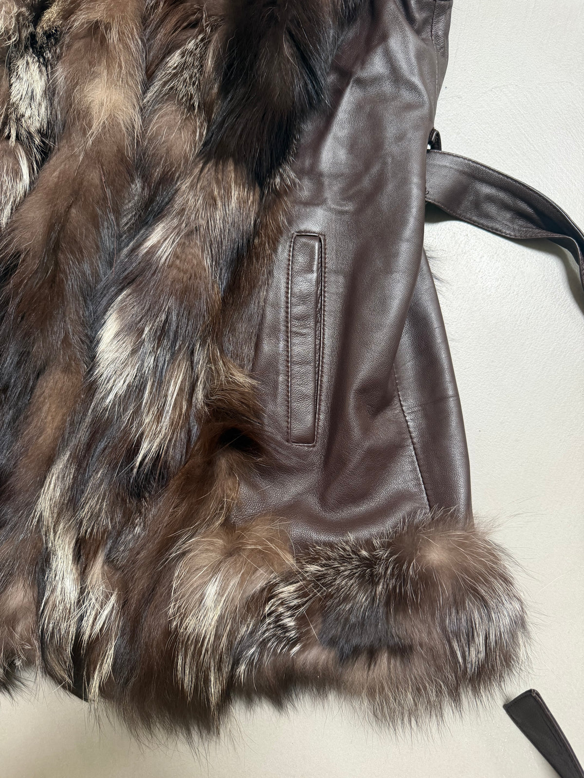 Vintage Silver Fox Fur Leather Belted Gilet - M