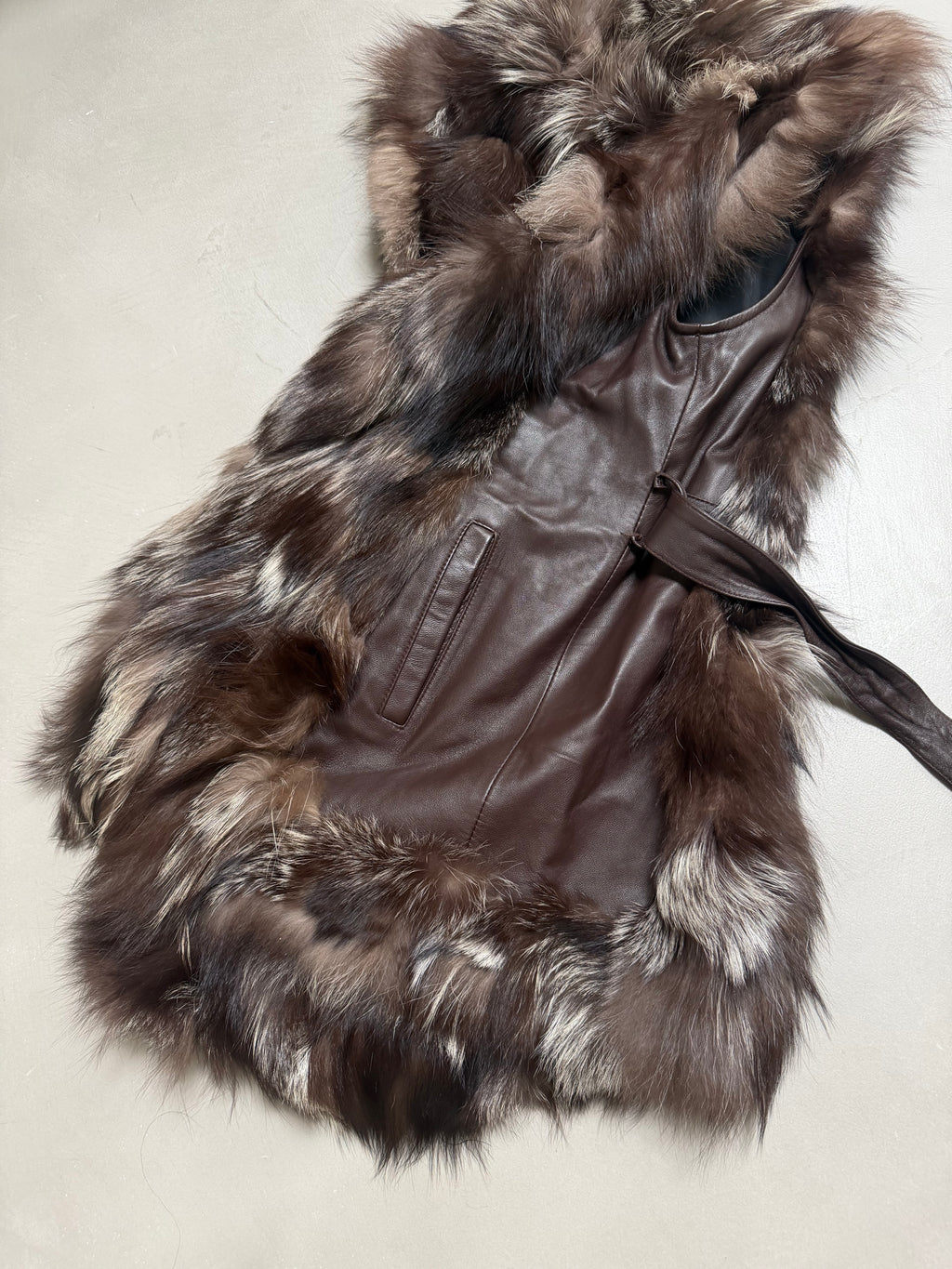 Vintage Silver Fox Fur Leather Belted Gilet - M