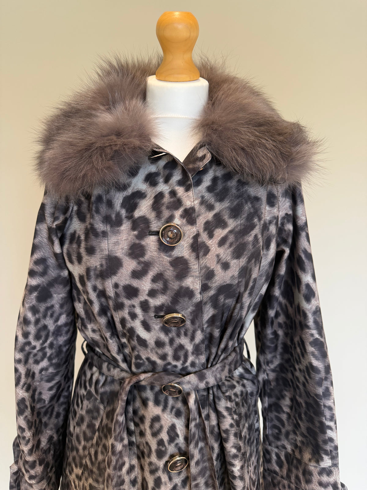 Snow Leopard Trench Coat With Real Fur Collar - M