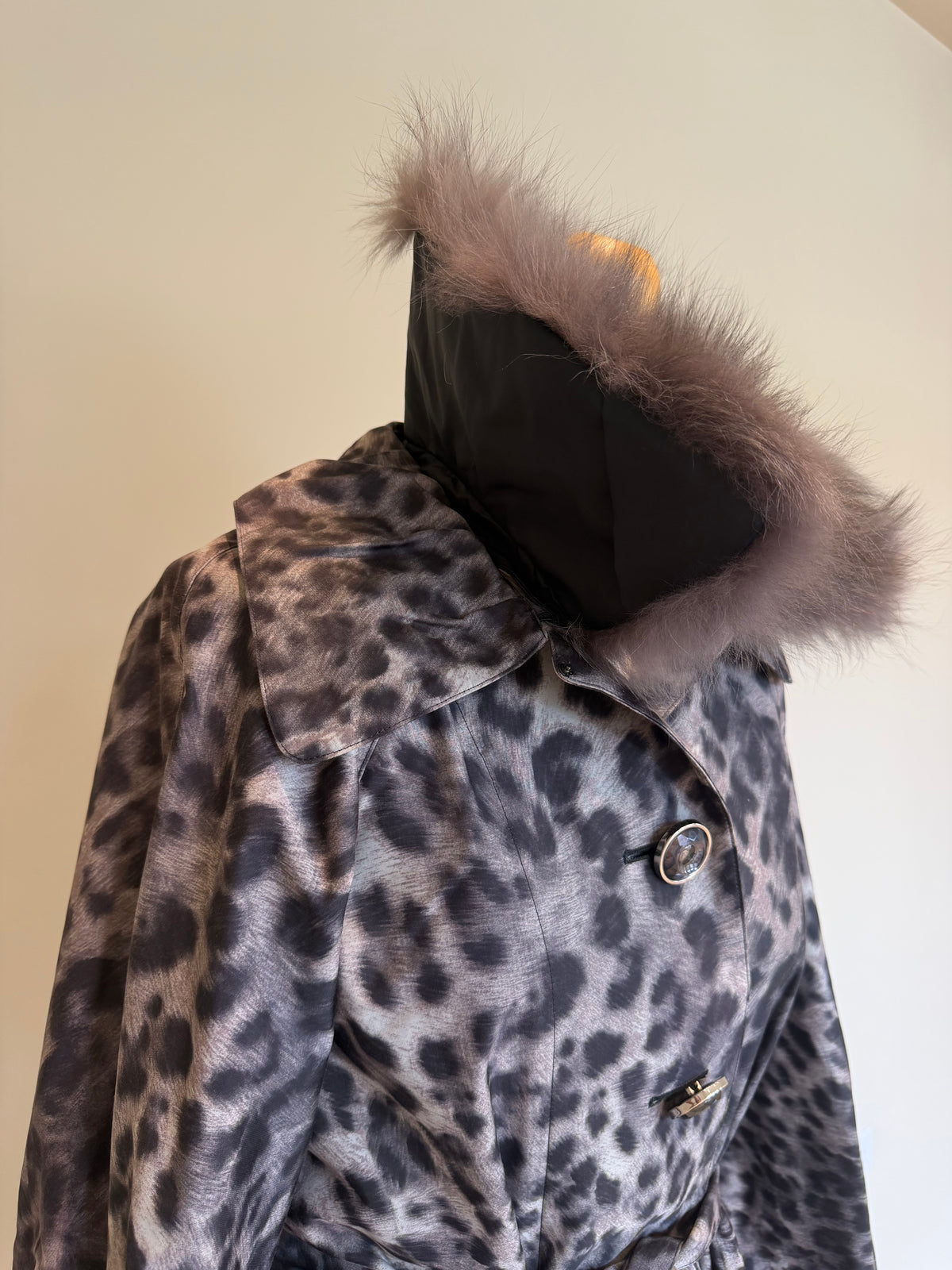 Snow Leopard Trench Coat With Real Fur Collar - M