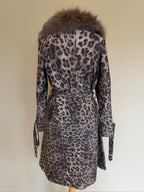 Snow Leopard Trench Coat With Real Fur Collar - M