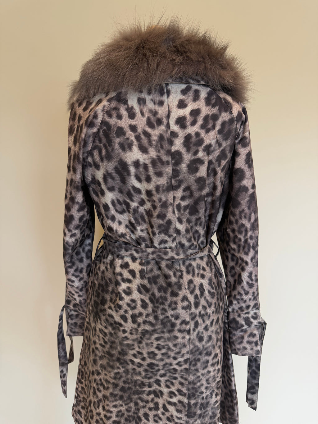 Snow Leopard Trench Coat With Real Fur Collar - M