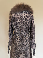Snow Leopard Trench Coat With Real Fur Collar - M
