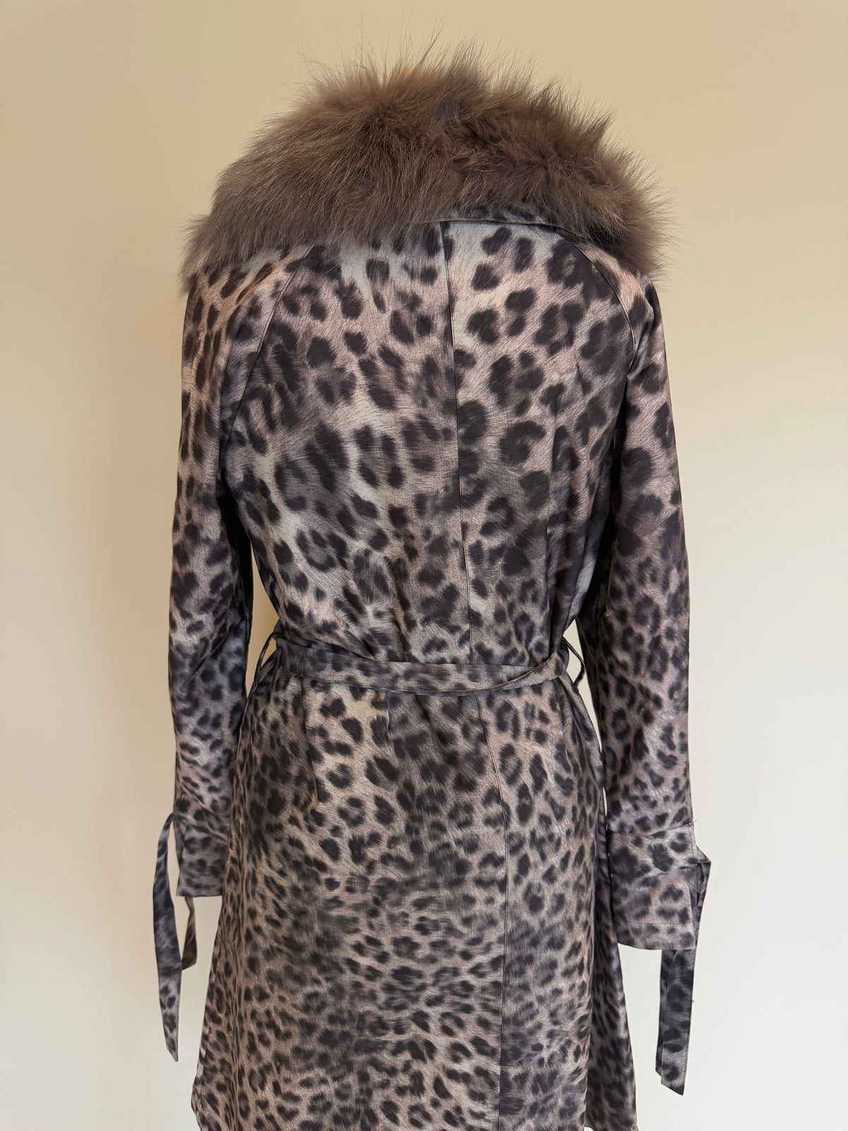 Snow Leopard Trench Coat With Real Fur Collar - M