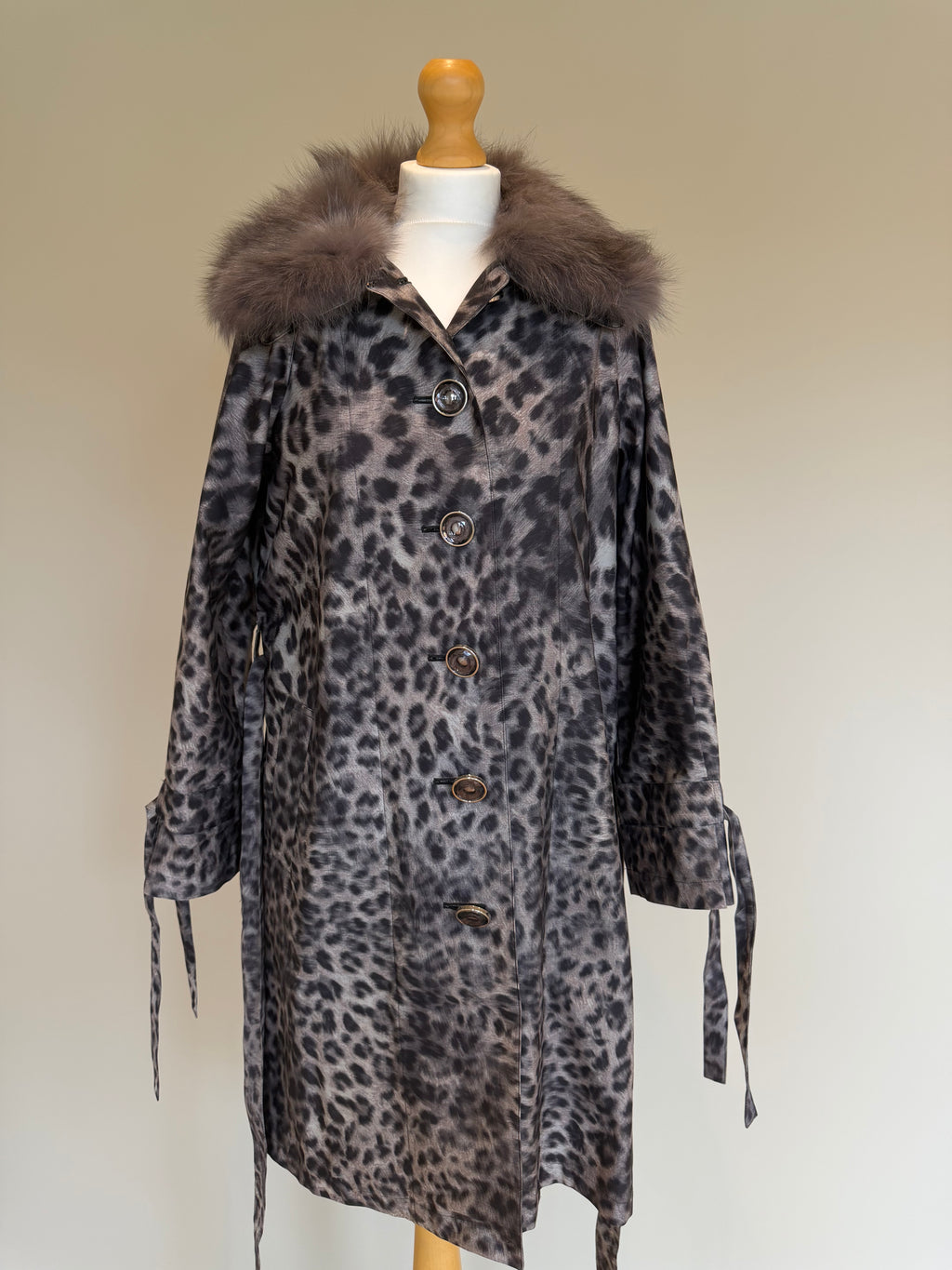 Snow Leopard Trench Coat With Real Fur Collar - M