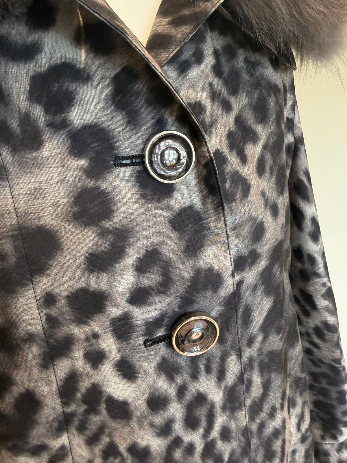 Snow Leopard Trench Coat With Real Fur Collar - M