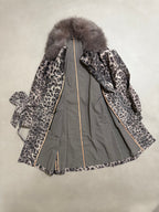 Snow Leopard Trench Coat With Real Fur Collar - M
