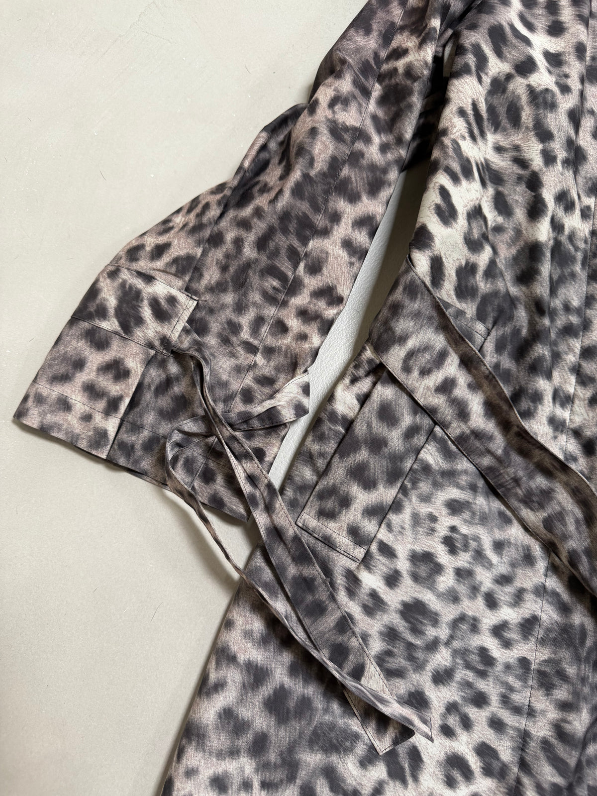 Snow Leopard Trench Coat With Real Fur Collar - M