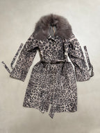 Snow Leopard Trench Coat With Real Fur Collar - M