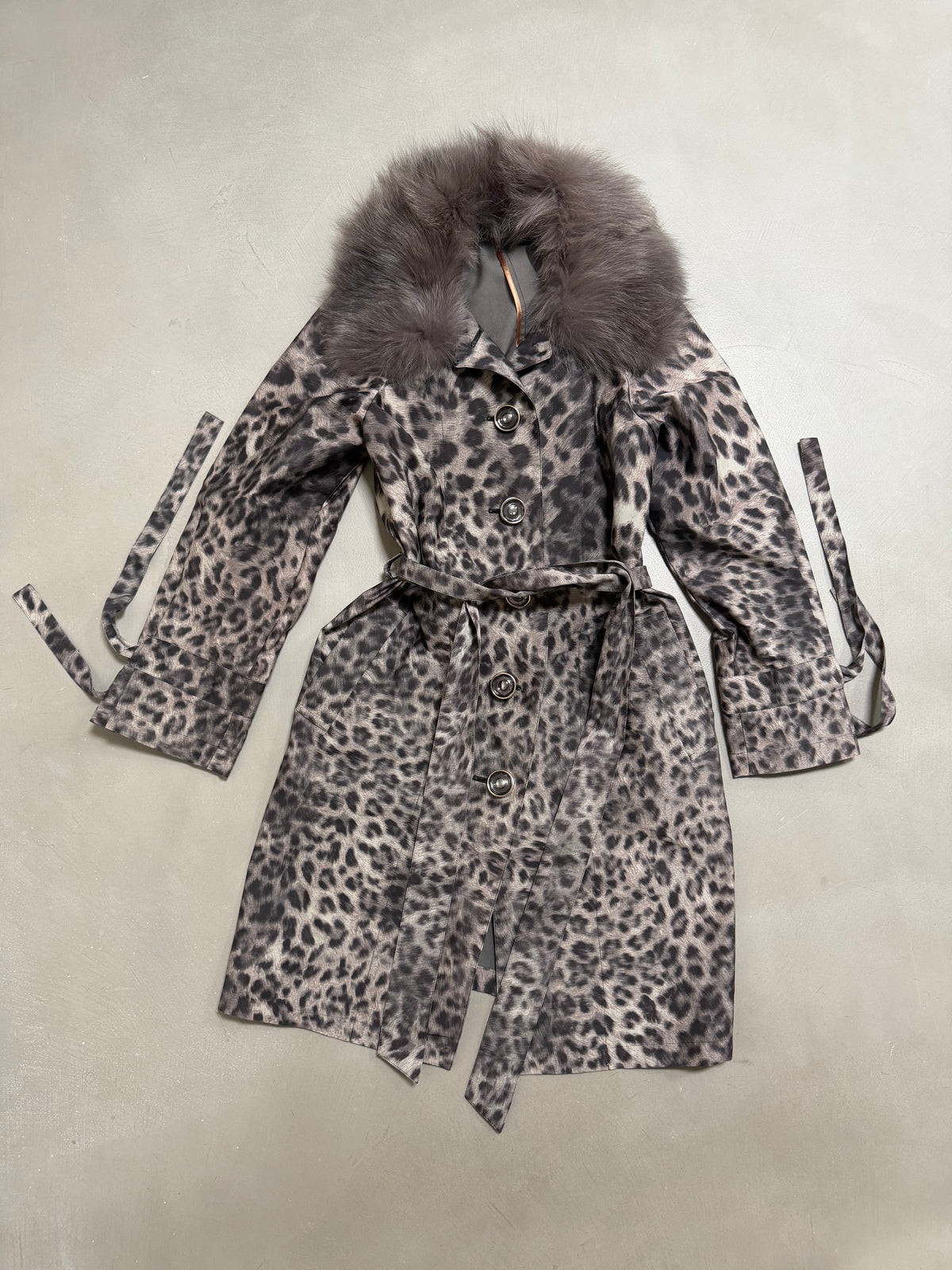 Snow Leopard Trench Coat With Real Fur Collar - M