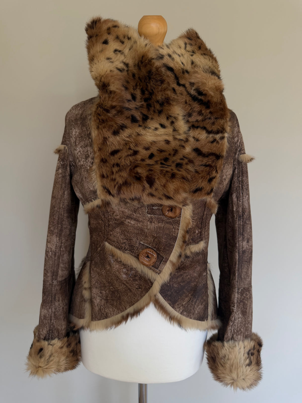 Y2K Leopard Rabbit Fur Shearling Distressed Leather Jacket - XS