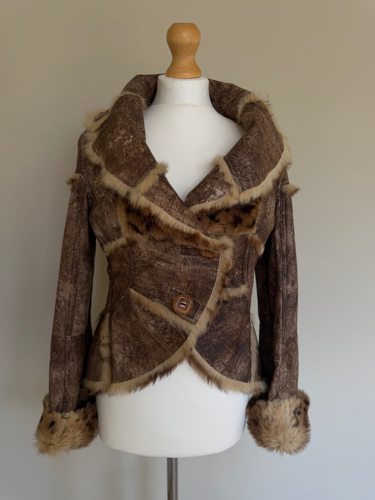 Y2K Leopard Rabbit Fur Shearling Distressed Leather Jacket - XS
