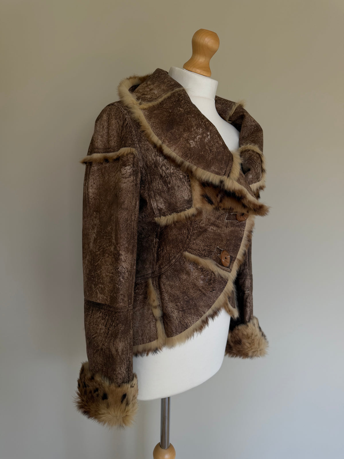 Y2K Leopard Rabbit Fur Shearling Distressed Leather Jacket - XS