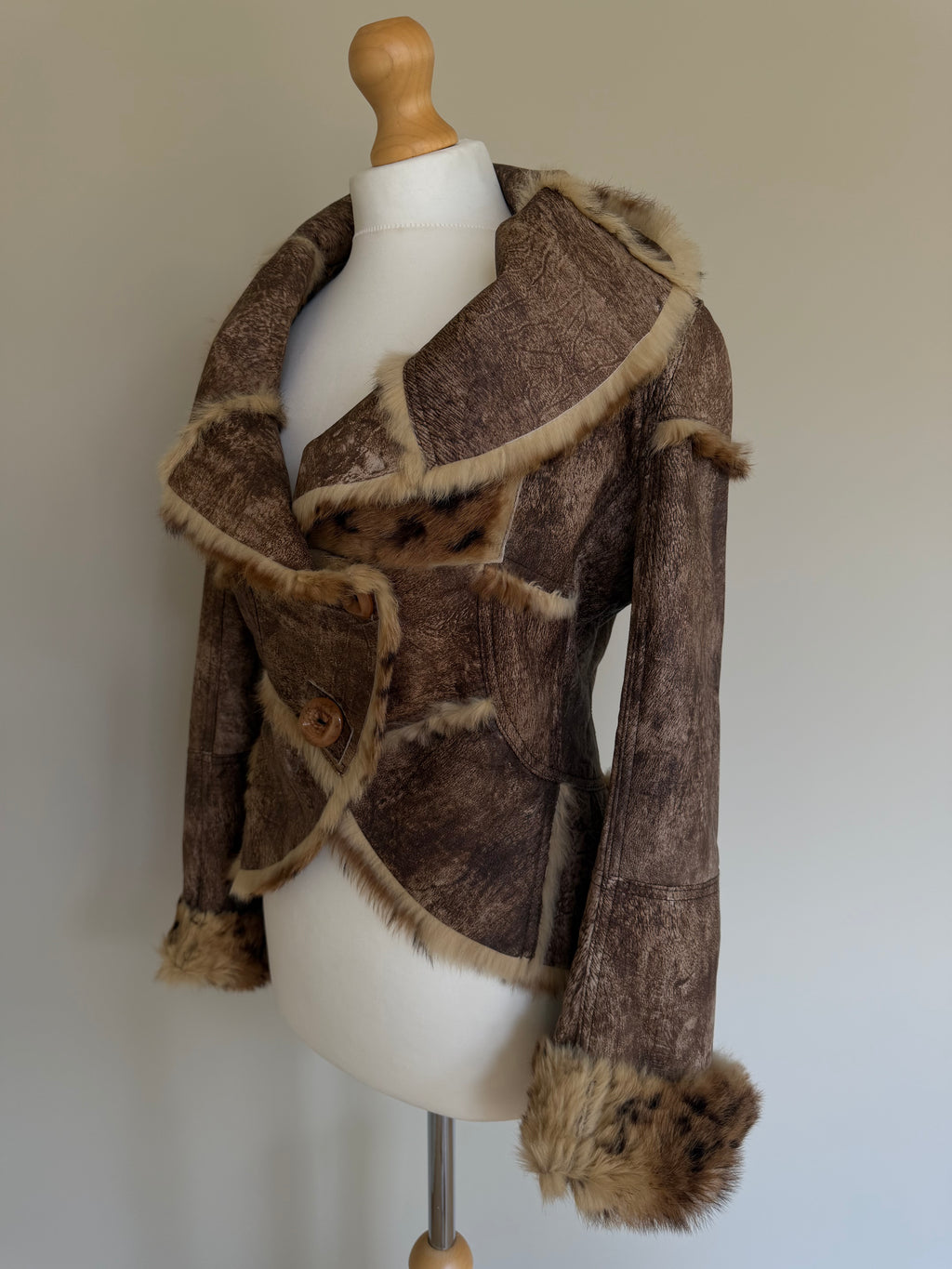 Y2K Leopard Rabbit Fur Shearling Distressed Leather Jacket - XS