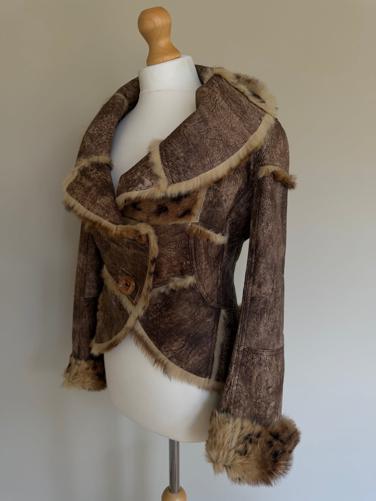 Y2K Leopard Rabbit Fur Shearling Distressed Leather Jacket - XS