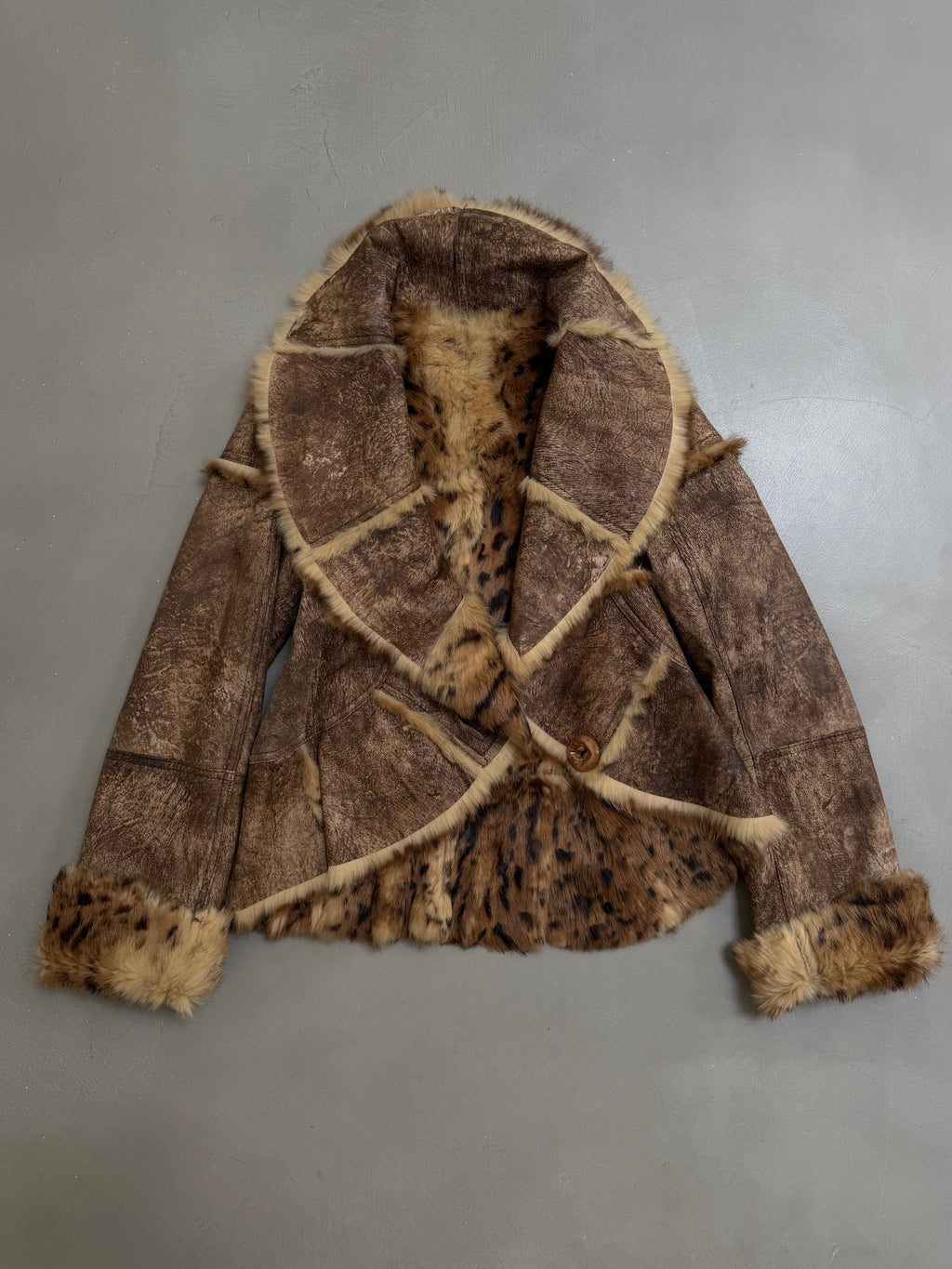 Y2K Leopard Rabbit Fur Shearling Distressed Leather Jacket - XS