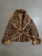 Y2K Leopard Rabbit Fur Shearling Distressed Leather Jacket - XS