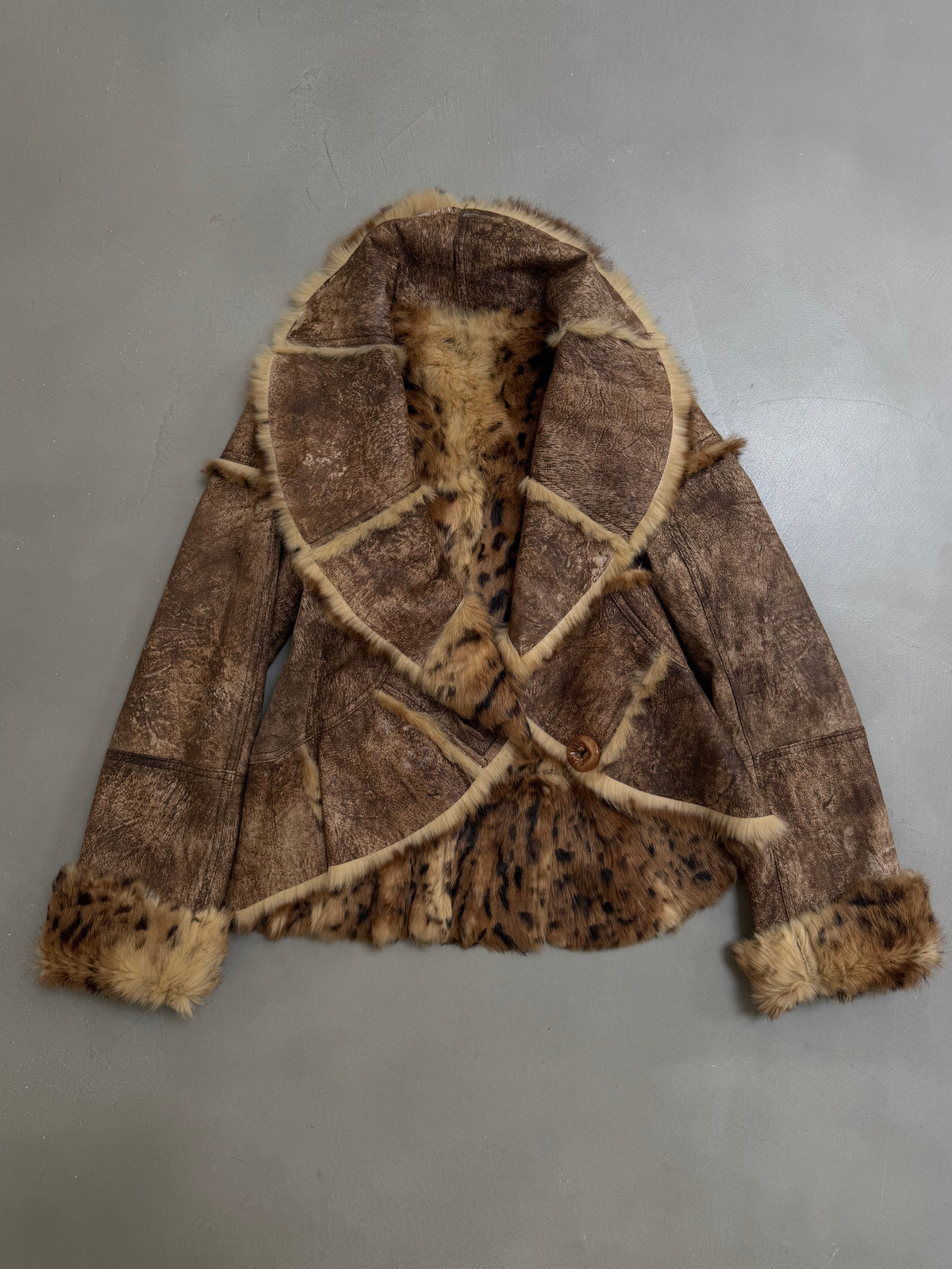 Y2K Leopard Rabbit Fur Shearling Distressed Leather Jacket - XS