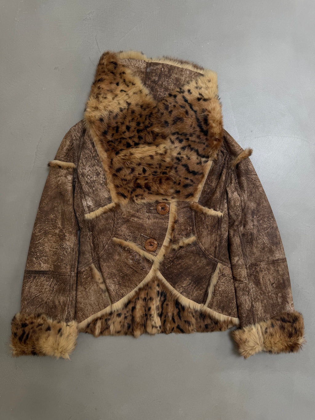 Y2K Leopard Rabbit Fur Shearling Distressed Leather Jacket - XS