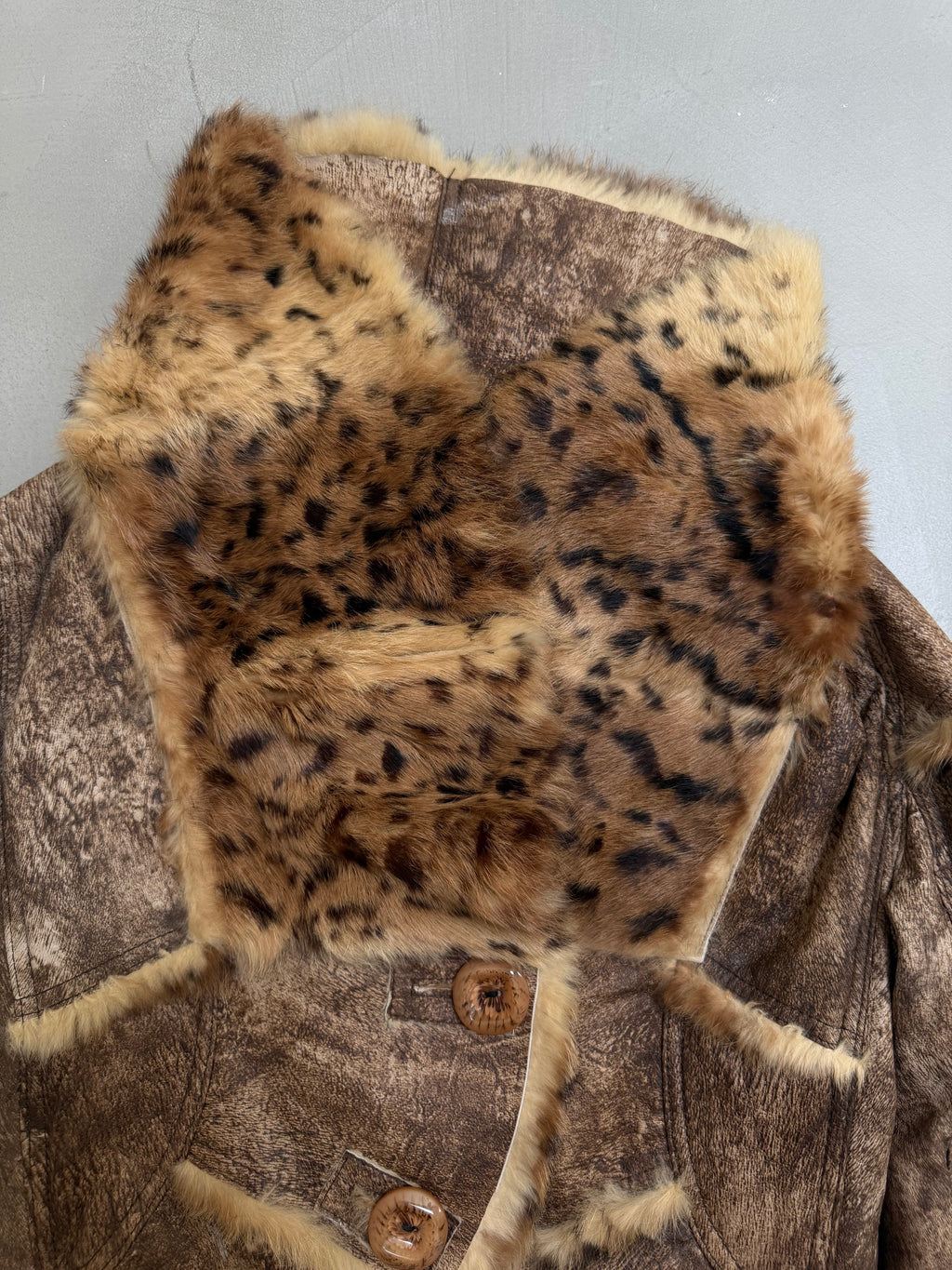 Y2K Leopard Rabbit Fur Shearling Distressed Leather Jacket - XS
