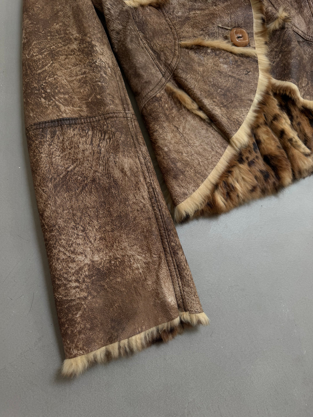 Y2K Leopard Rabbit Fur Shearling Distressed Leather Jacket - XS