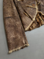 Y2K Leopard Rabbit Fur Shearling Distressed Leather Jacket - XS