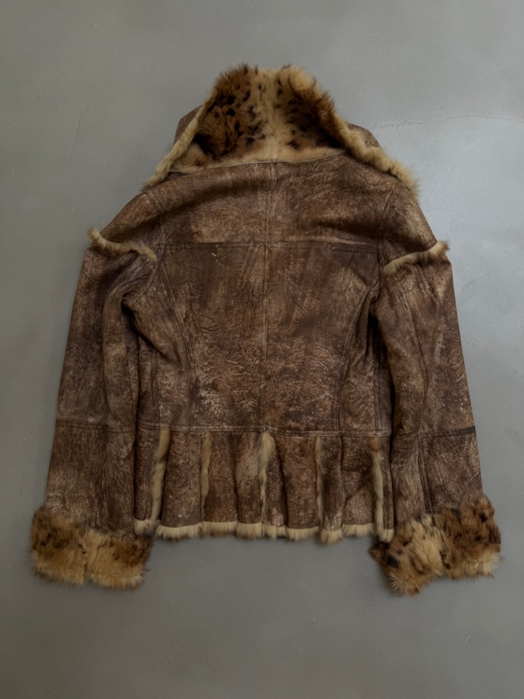 Y2K Leopard Rabbit Fur Shearling Distressed Leather Jacket - XS