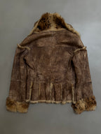 Y2K Leopard Rabbit Fur Shearling Distressed Leather Jacket - XS