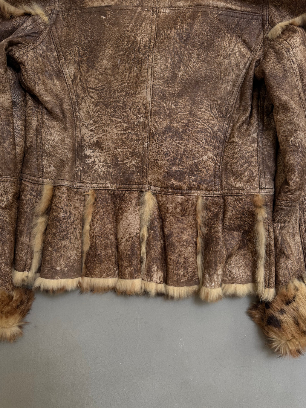 Y2K Leopard Rabbit Fur Shearling Distressed Leather Jacket - XS