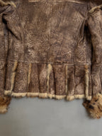 Y2K Leopard Rabbit Fur Shearling Distressed Leather Jacket - XS