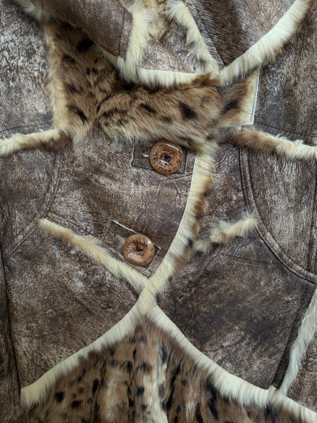 Y2K Leopard Rabbit Fur Shearling Distressed Leather Jacket - XS