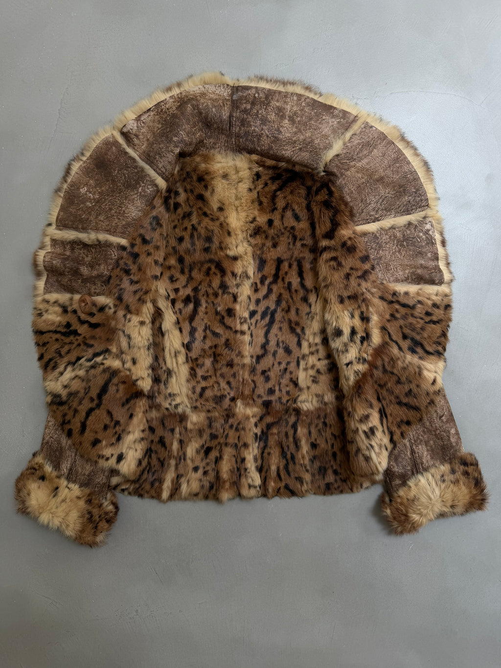 Y2K Leopard Rabbit Fur Shearling Distressed Leather Jacket - XS