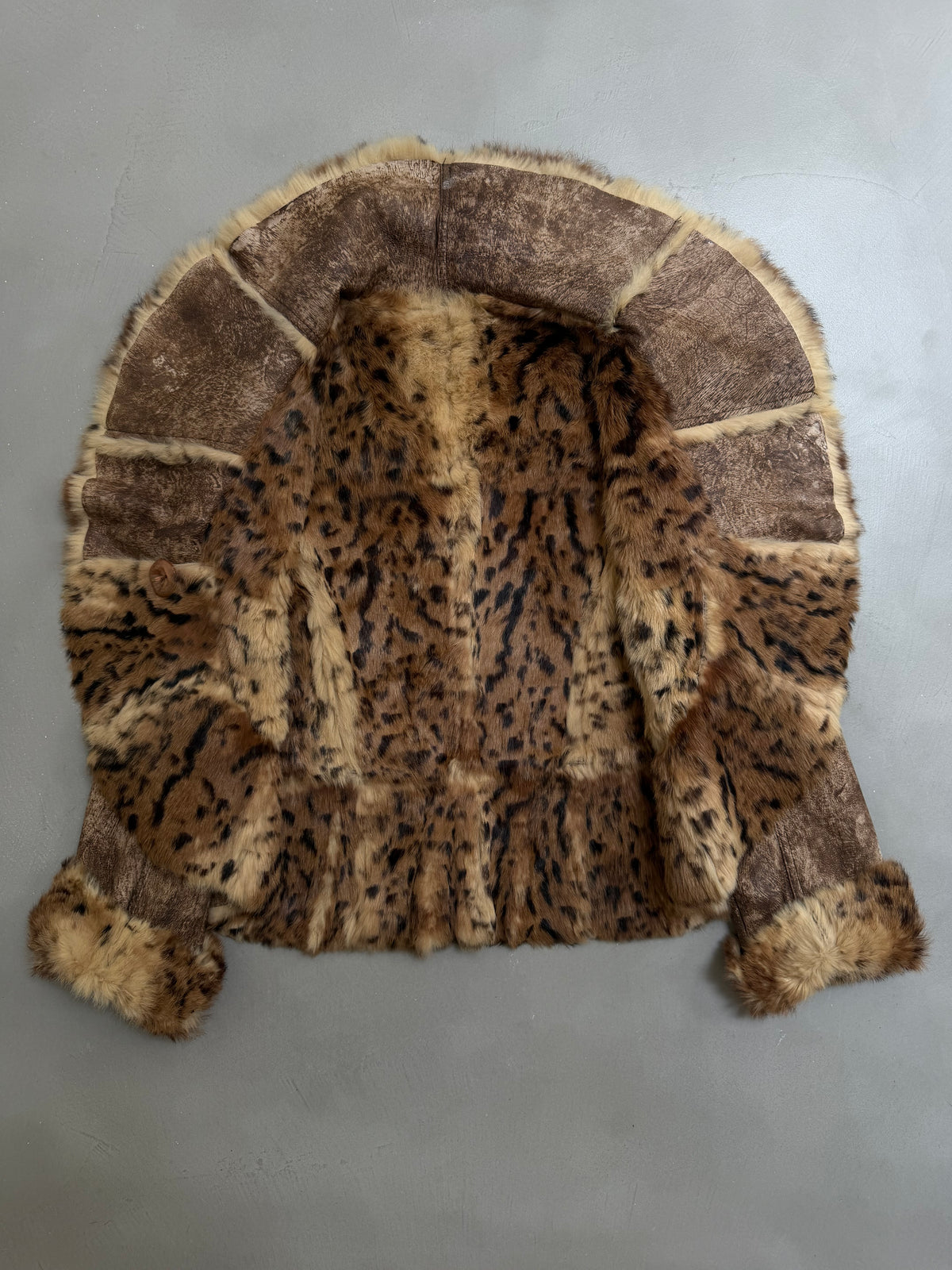Y2K Leopard Rabbit Fur Shearling Distressed Leather Jacket - XS
