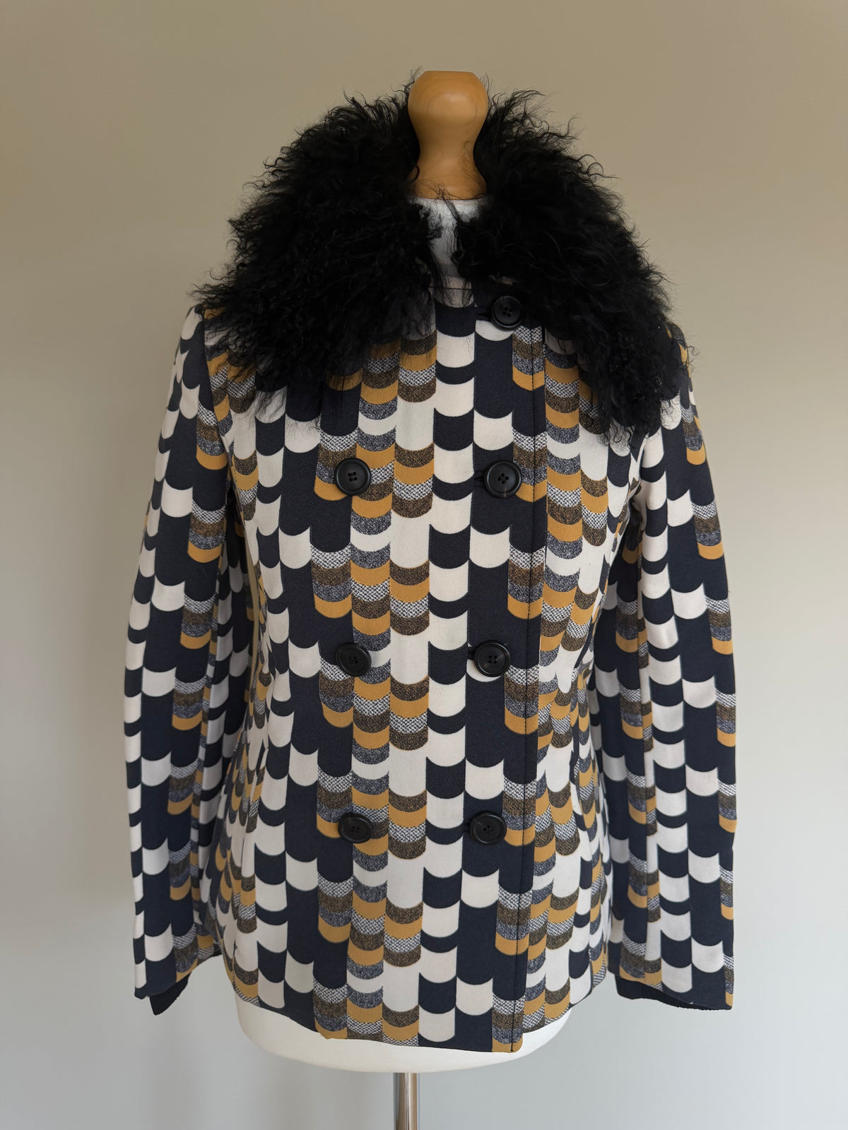 Prada AW14 Geometric Double Breasted Jacket With Shearling Collar - XS