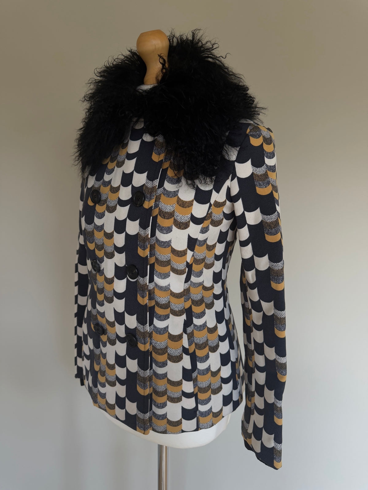 Prada AW14 Geometric Double Breasted Jacket With Shearling Collar - XS