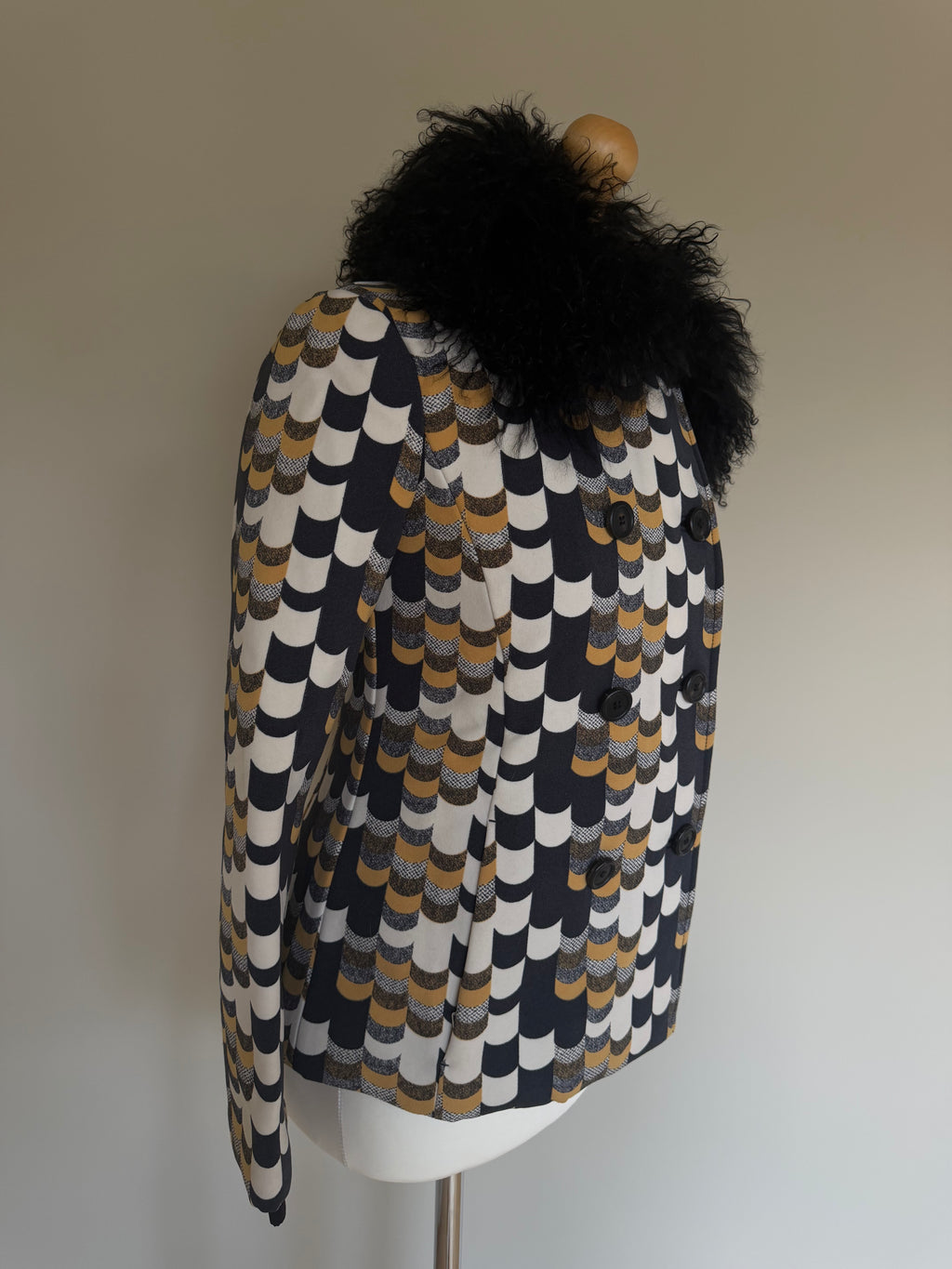 Prada AW14 Geometric Double Breasted Jacket With Shearling Collar - XS