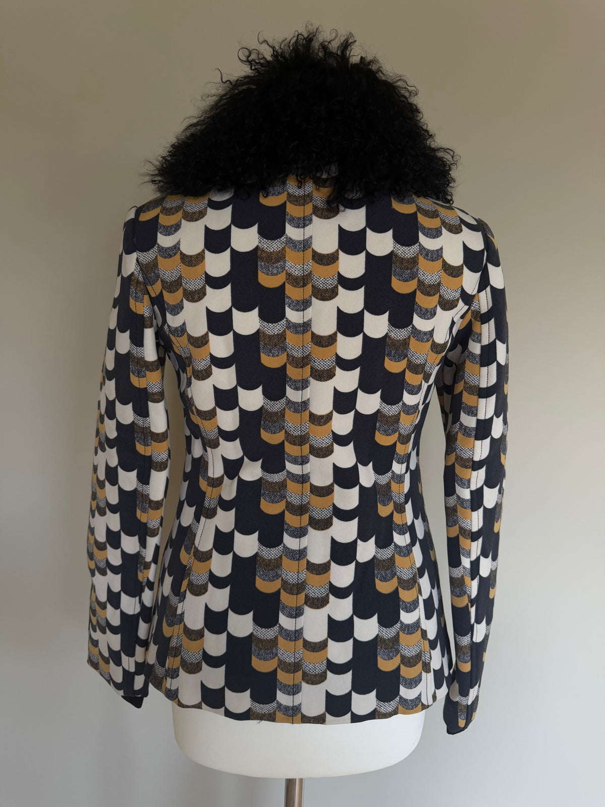 Prada AW14 Geometric Double Breasted Jacket With Shearling Collar - XS