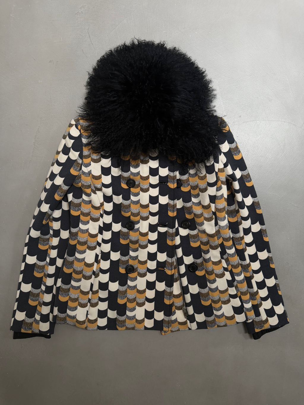 Prada AW14 Geometric Double Breasted Jacket With Shearling Collar - XS