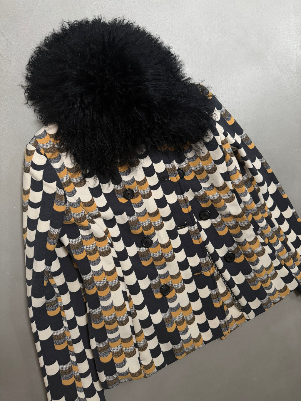 Prada AW14 Geometric Double Breasted Jacket With Shearling Collar - XS